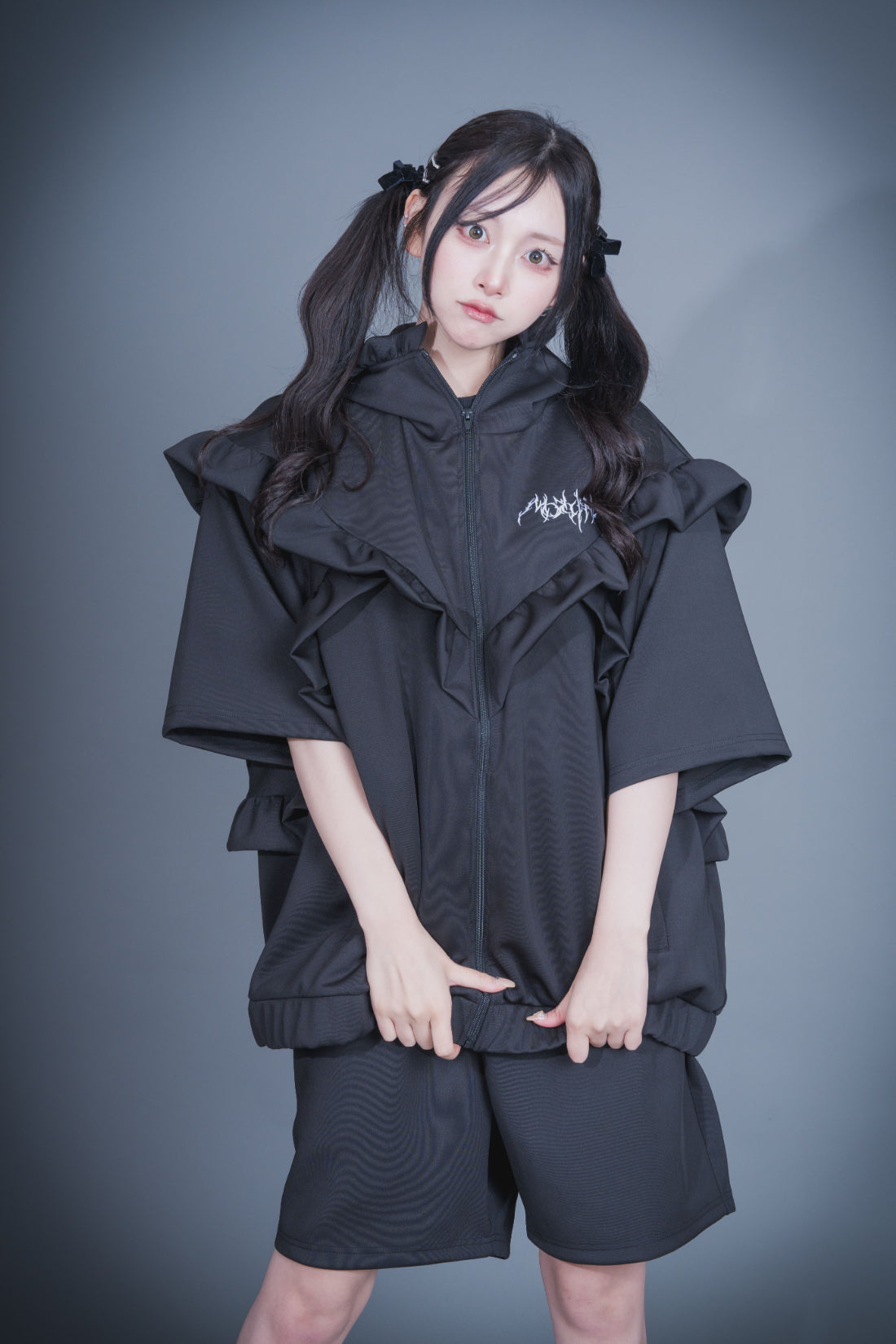 MONOCLONE × BROCKUM - Frill Jersey Hooded Blouson [BLACK]
